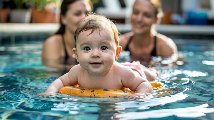 a baby in a swimming pool with a woman in the background