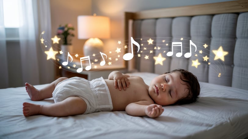 a baby is laying on a bed with musical notes