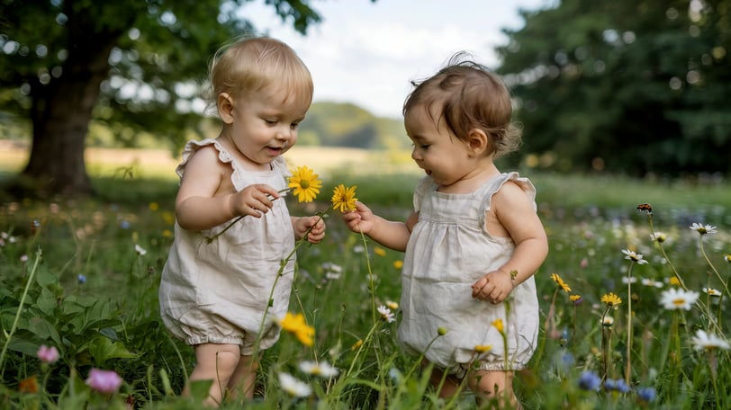 two toddler girls in white overalls, standing in a field