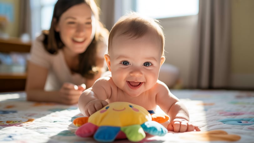 a baby is smiling and playing with a toy