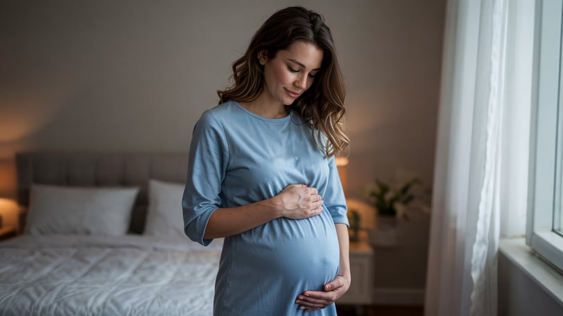 a pregnant woman in a blue dress standing in front of a bed