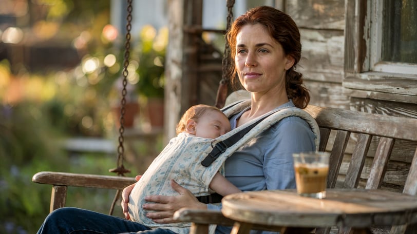 a woman holding a baby in a sling bag