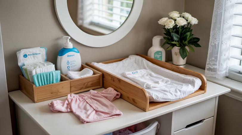 a dresser with a mirror and a baby's room