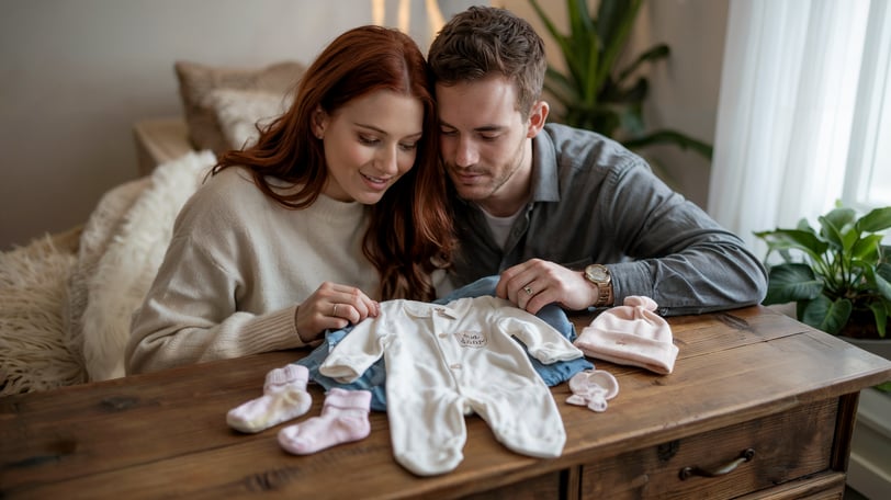 a man and woman sitting at a table with baby clothes