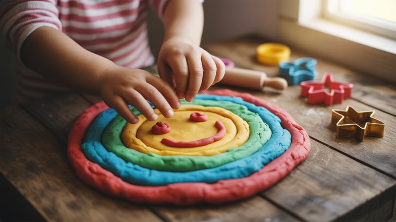 a child's hand is playing with a colorful play doughnut