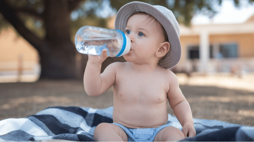 a baby drinking water from a bottle of water
