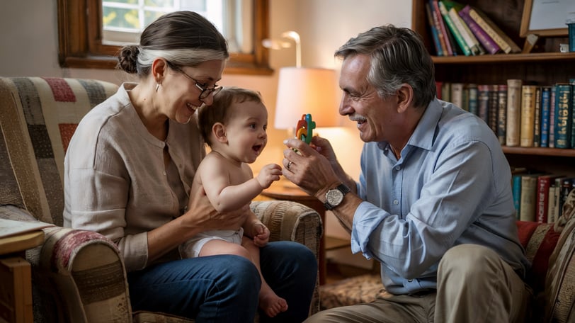 a man and woman sitting on a couch with a baby
