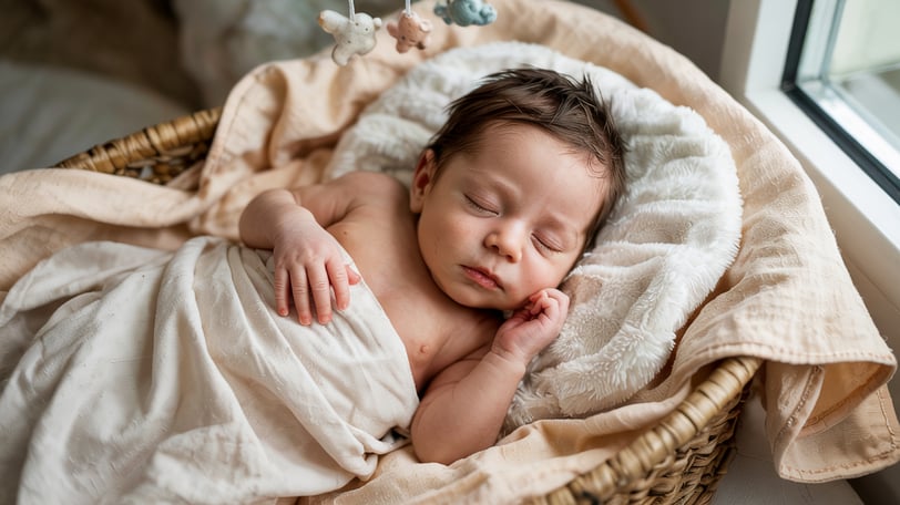 a newborn boy sleeping in a basket with a blanket