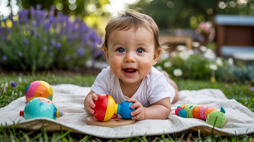 a baby is smiling and playing with toys