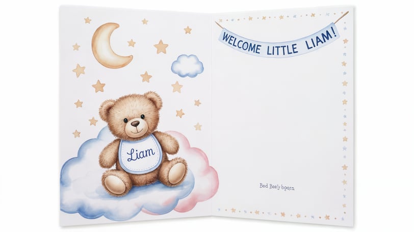 a teddy bear sitting on a cloud with a welcome card