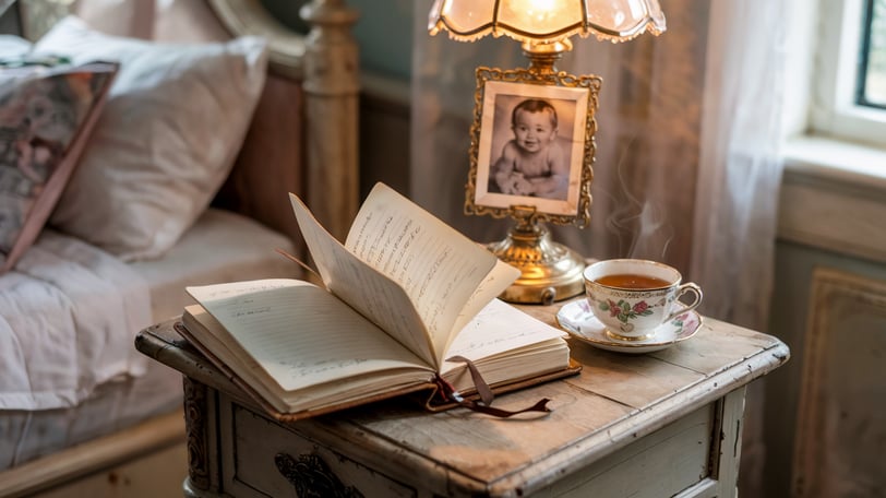 a book opened to show a book with a cup of coffee and a lamp