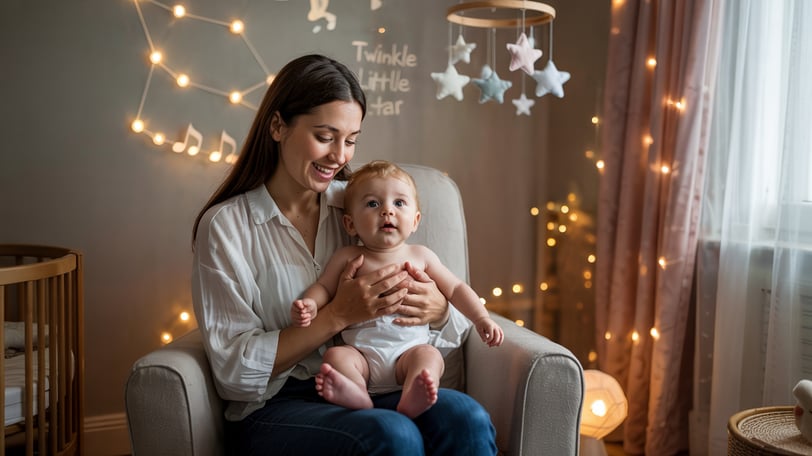 a woman holding a baby in a chair
