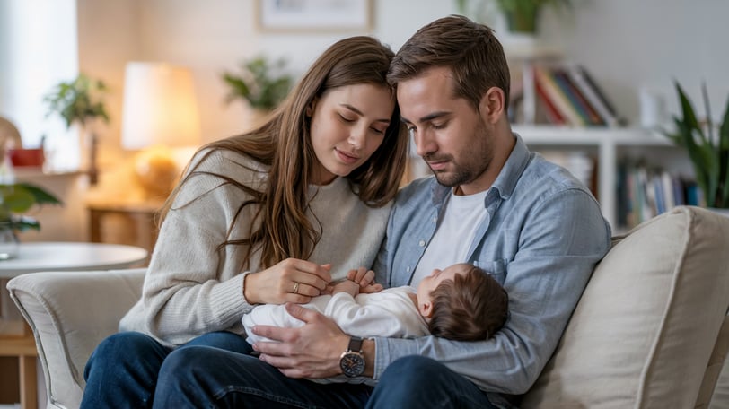 a man and woman sitting on a couch with a baby