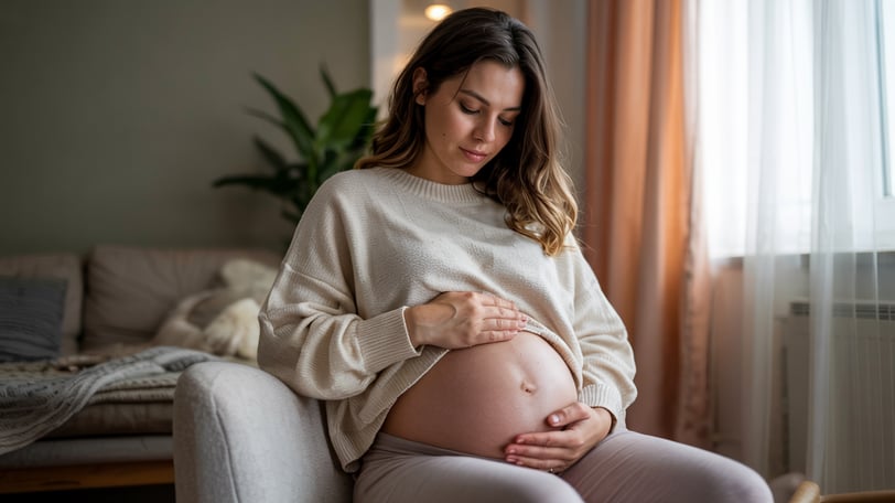 a pregnant woman sitting on a couch with her belly 
