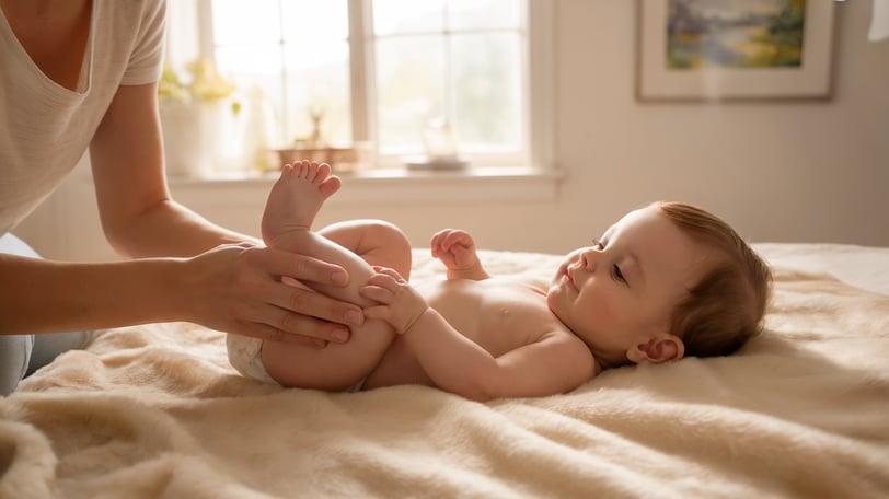 a baby is laying on a bed with a woman's hands