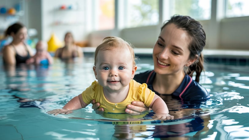 a woman in a yellow shirt is holding a baby in a pool
