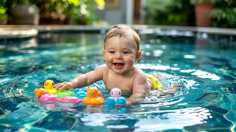 a baby in a swimming pool with toys