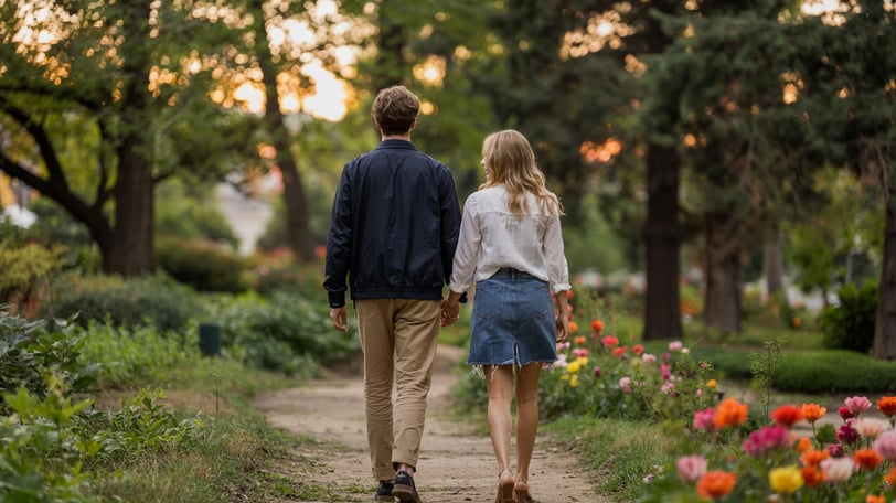 a man and woman walking down a path in a park