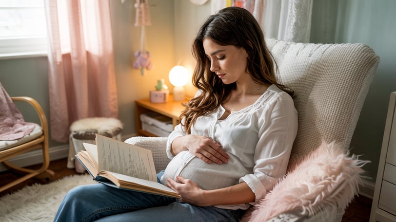 a pregnant woman is sitting in a chair and reading a book