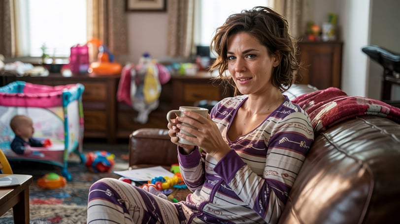 a woman sitting on a couch with a cup of coffee