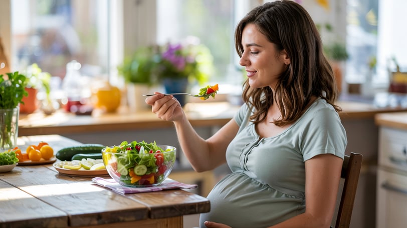 pregnant woman eating salad