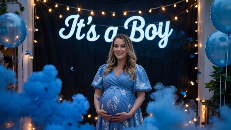 a pregnant woman in a blue dress at a gender reveal