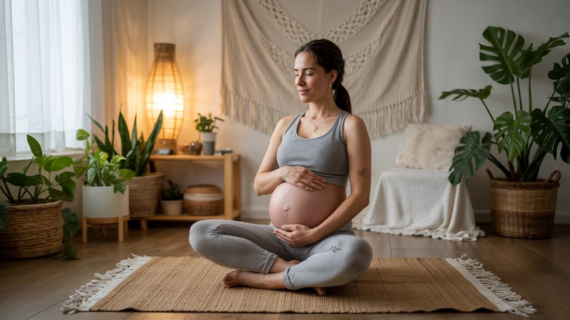 a pregnant woman sitting on a rug in a living room