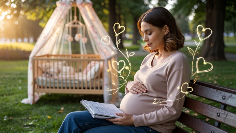 a pregnant woman sitting on a bench in a park