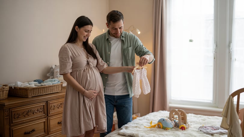 a pregnant woman and her husband are standing in a bedroom