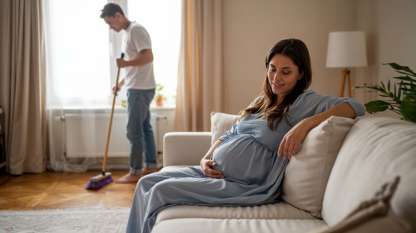 a pregnant woman is sitting on a couch and a man is sweeping