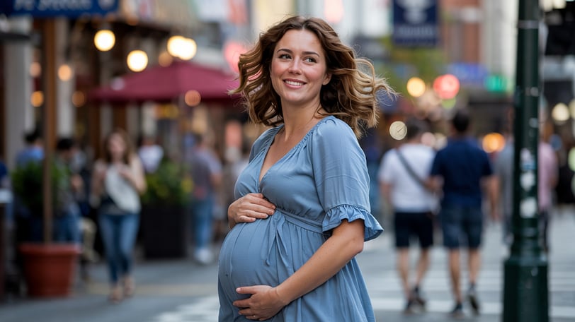 a pregnant woman in a blue dress standing on a city street