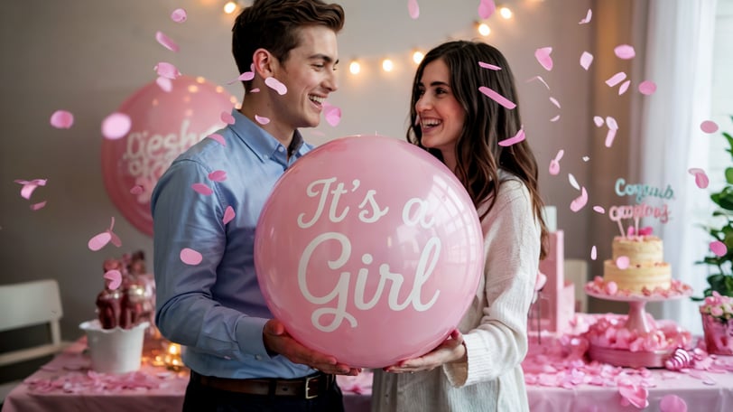 a man and woman holding a pink balloon