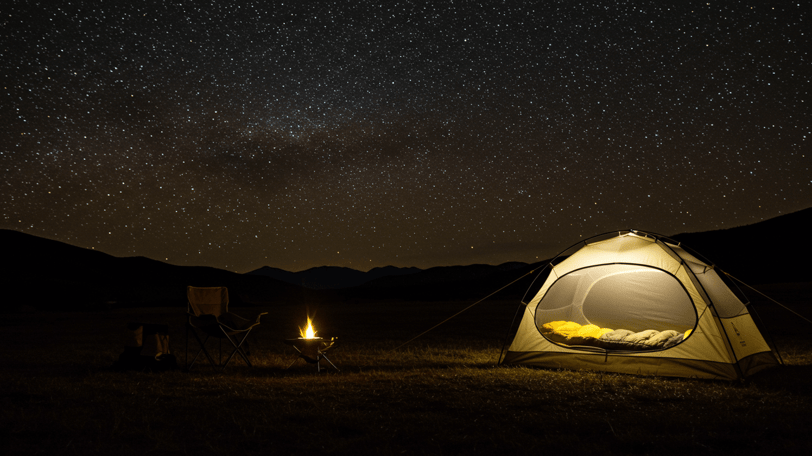 Tent and sleeping bag for camping under the stars and by a fire
