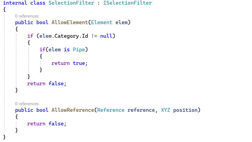 Pipe element selection filter