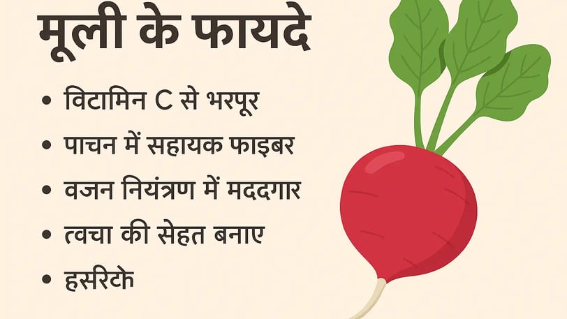 मूली के फायदे, जिसमें विटामिन C, फाइबर, खनिज और त्वचा व पाचन से जुड लाभ दर्शाए गए हैं