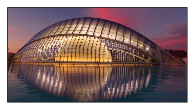 Hemispheric sunset, City of Arts and Sciences, Valencia, Spain, photography by Philip Preston.