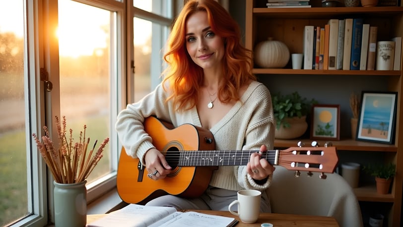 kye plays guitar by the window at sunset, surrounded by books, coffee, and art supplies.