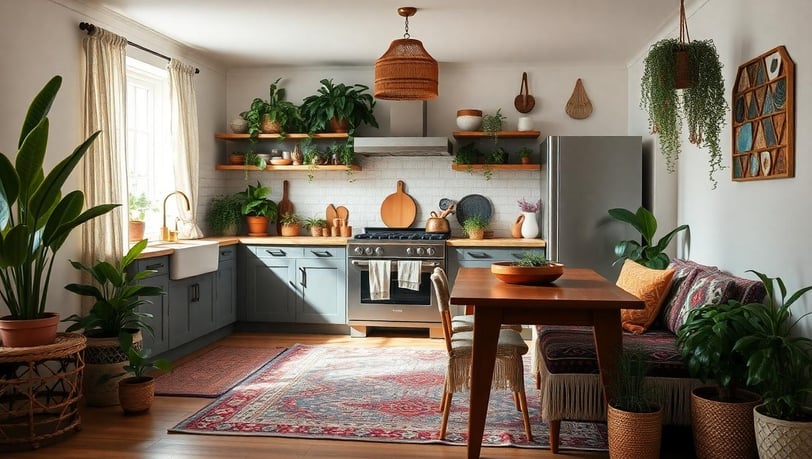 a bohemian kitchen with a table and chairs and a couch