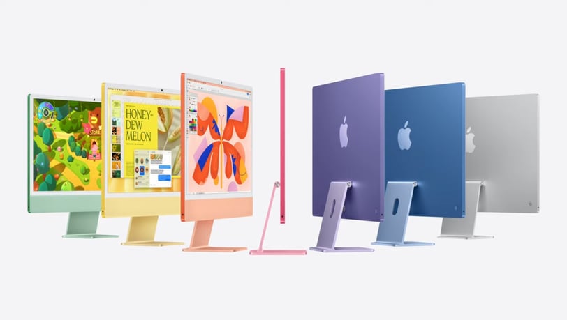 Verschillende iMacs 2024 in kleurrijk ontwerp, dun profiel en krachtige prestaties.