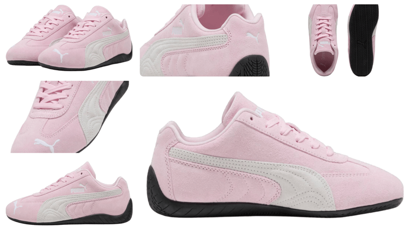a soft  pink puma sneakers with a white background