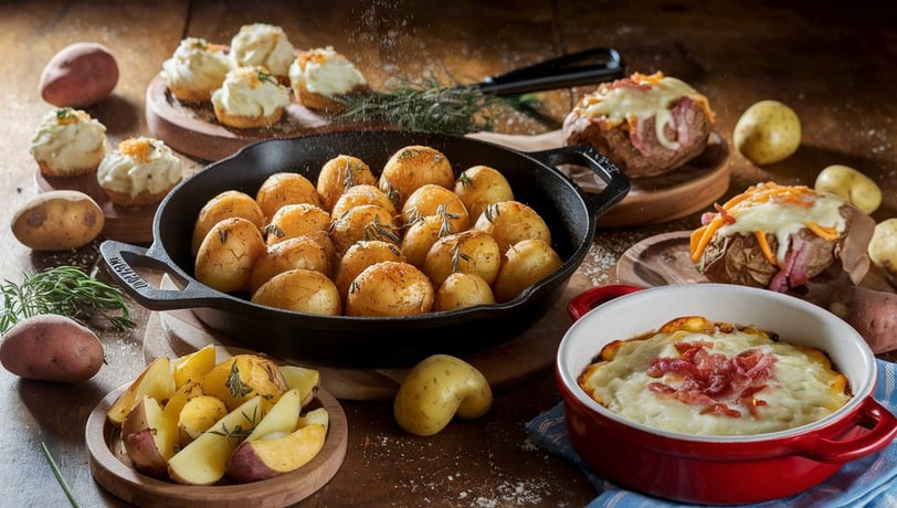 a variety of baked potatoes on a table