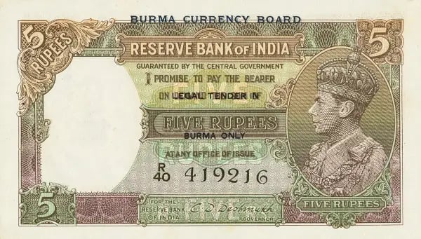 Burma Currency Board 5 Rupees King George VI Banknote
