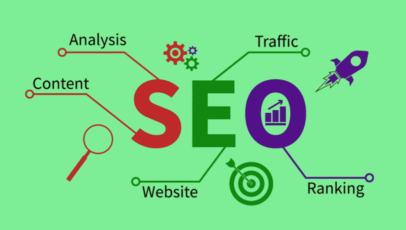 a seo search engine with analysis, content, website, traffic and ranking on a light green background