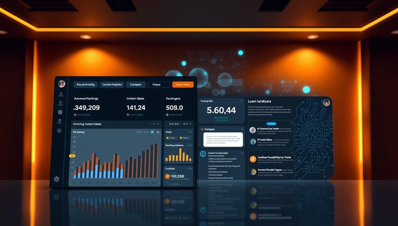 A sleek, modern interface showcasing the premium features of an advanced AI-powered SEO tool.