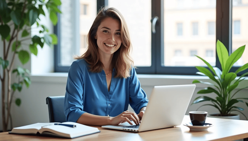 a woman sitting at a desk with a laptop computer