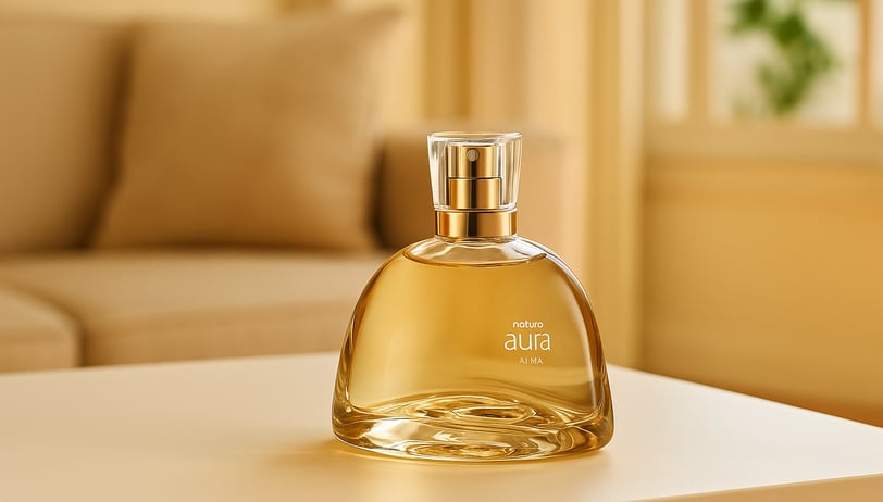 a perfume bottle sitting on a table with a couch and a couch