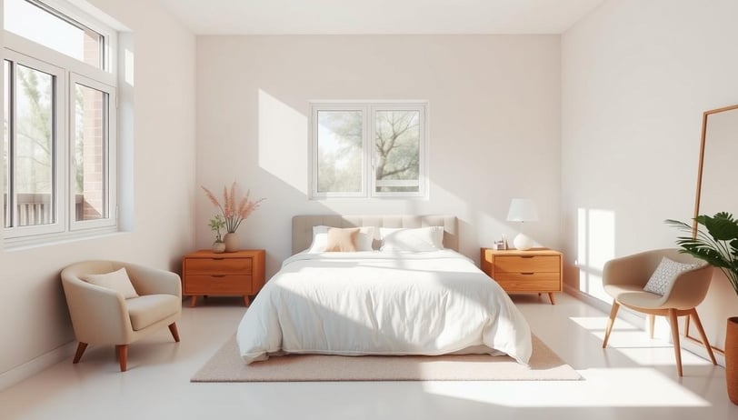 Minimalist bedroom with a bed and cozy chairs for energy flow, by Regal Touch Home.