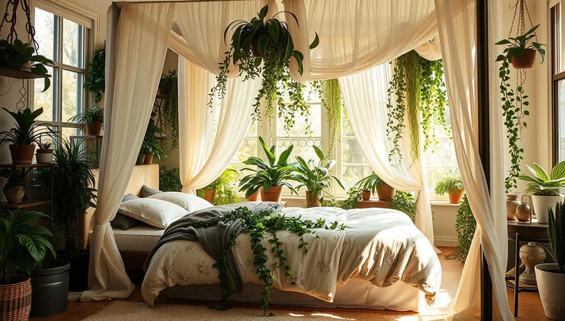 Nature-inspired bedroom with plants and canopy bed, by Regal Touch Home.