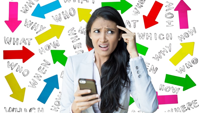 a confused woman with a cell phone