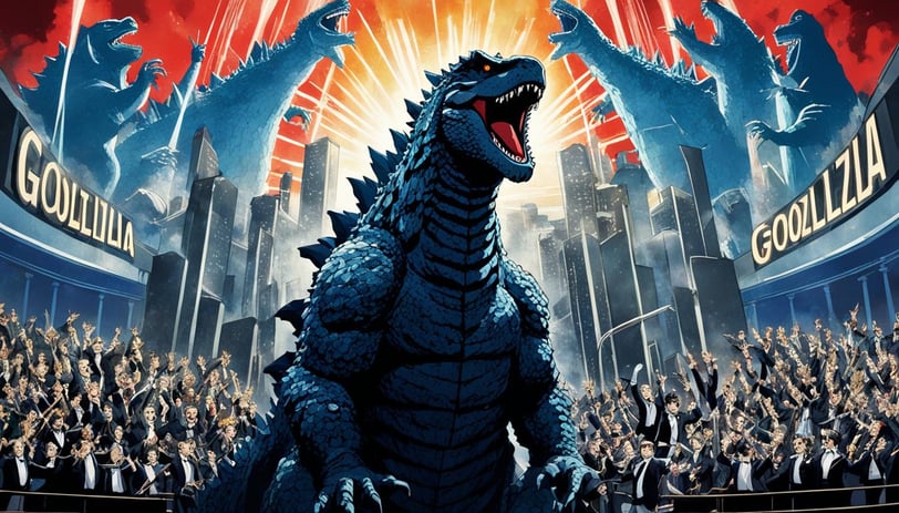 Godzilla standing on a stage surrounded by a grand orchestra ensemble